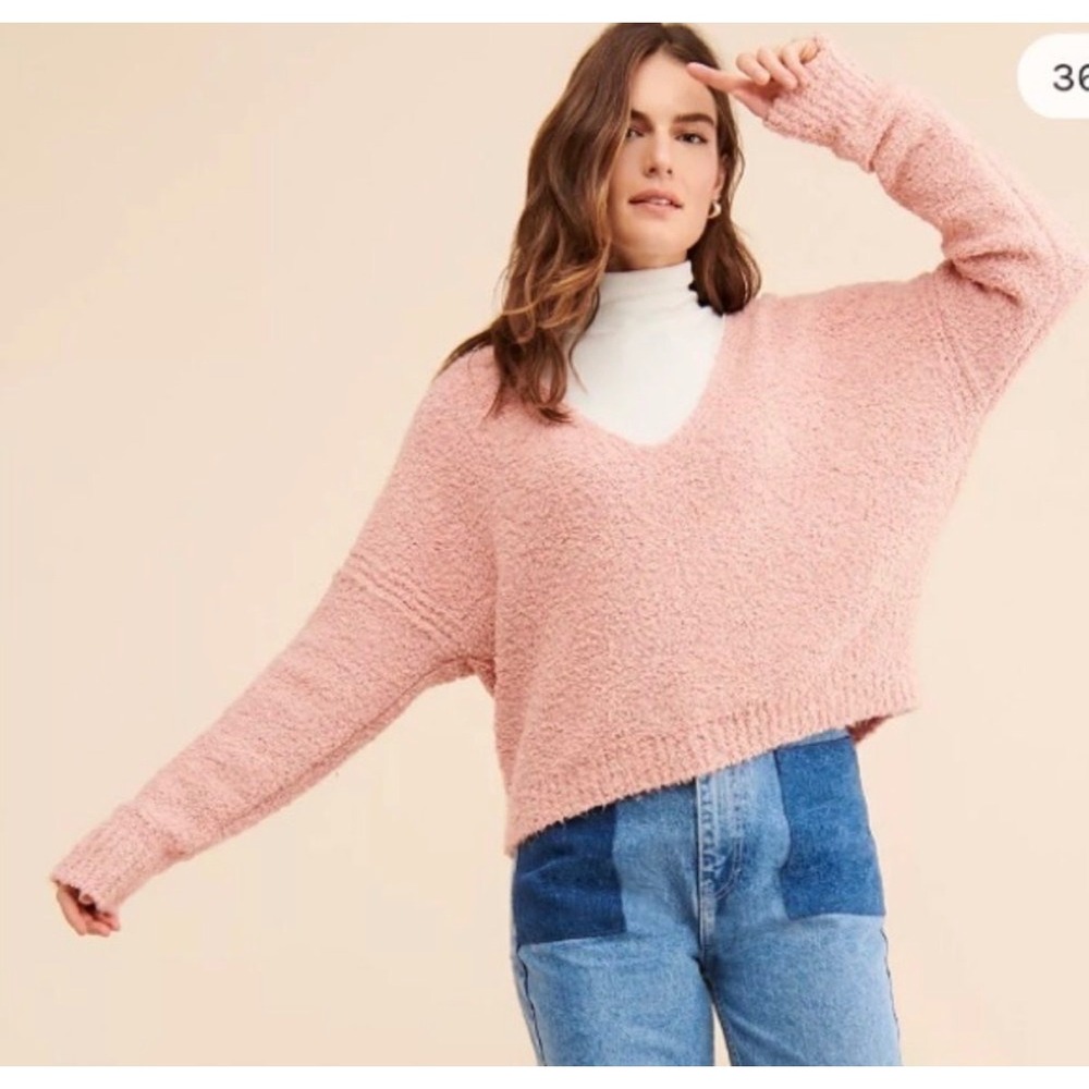 Free People Finders Keepers Sweater Womens M Pink Good V-Neck Boucle Knit boho